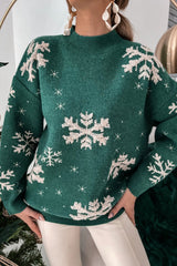 Blackish Green Christmas Snowflake Mock Neck Sweater Blackish Green woolen fabric Sweaters JT's Designer Fashion
