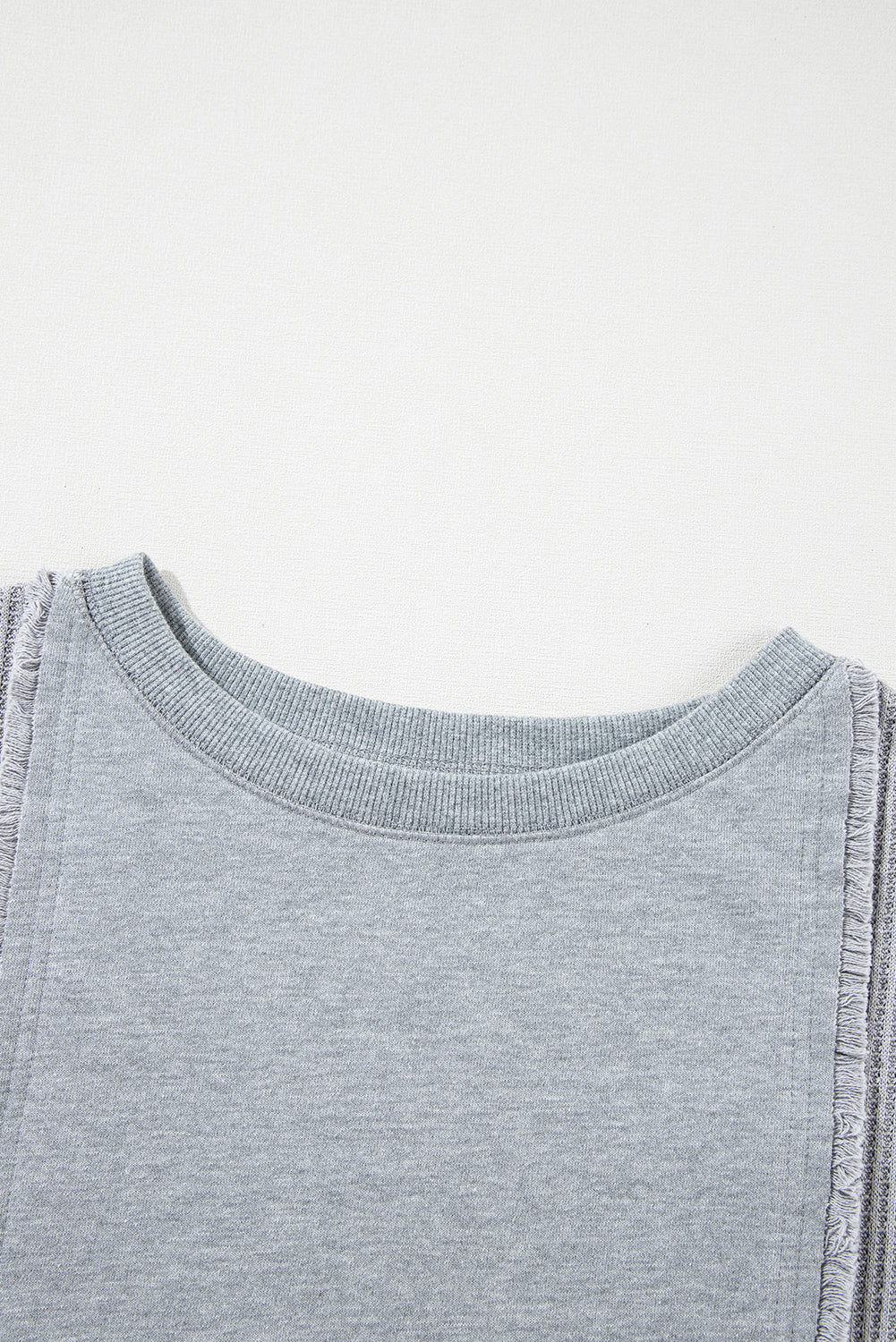 Light Grey Waffle Patchwork Long Sleeve Raw Hem Pullover Top Long Sleeve Tops JT's Designer Fashion