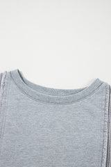 Light Grey Waffle Patchwork Long Sleeve Raw Hem Pullover Top Long Sleeve Tops JT's Designer Fashion