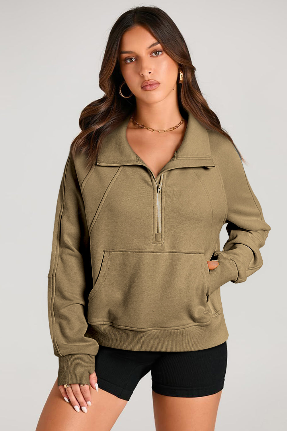 Brown Quarter Zip Stand Neck Kangaroo Pocket Sweatshirt Sweatshirts & Hoodies JT's Designer Fashion
