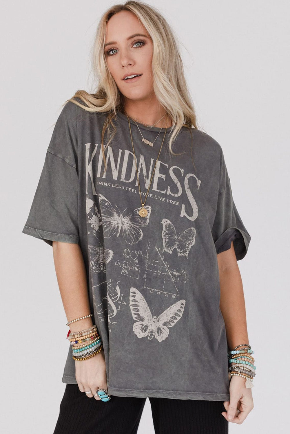 Dark Grey Kindness Butterflies Graphic Mineral Wash Loose Tee Graphic Tees JT's Designer Fashion