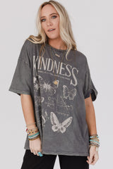Dark Grey Kindness Butterflies Graphic Mineral Wash Loose Tee Graphic Tees JT's Designer Fashion
