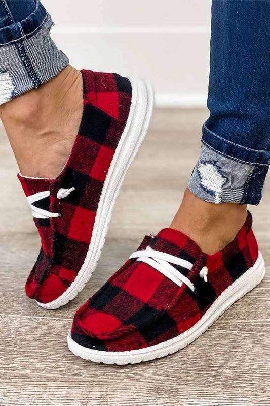 Fiery Red Vintage Plaid Lace Up Flat Shoes Red 100%PVC Plastic Women's Shoes JT's Designer Fashion