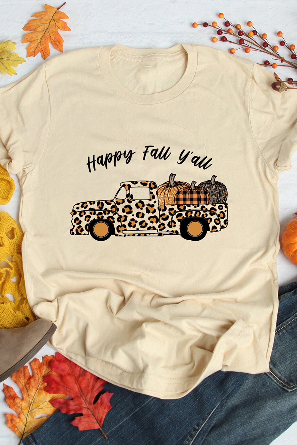 Khaki Happy Fall Leopard Truck Cute Pumpkin Graphic Tee Graphic Tees JT's Designer Fashion