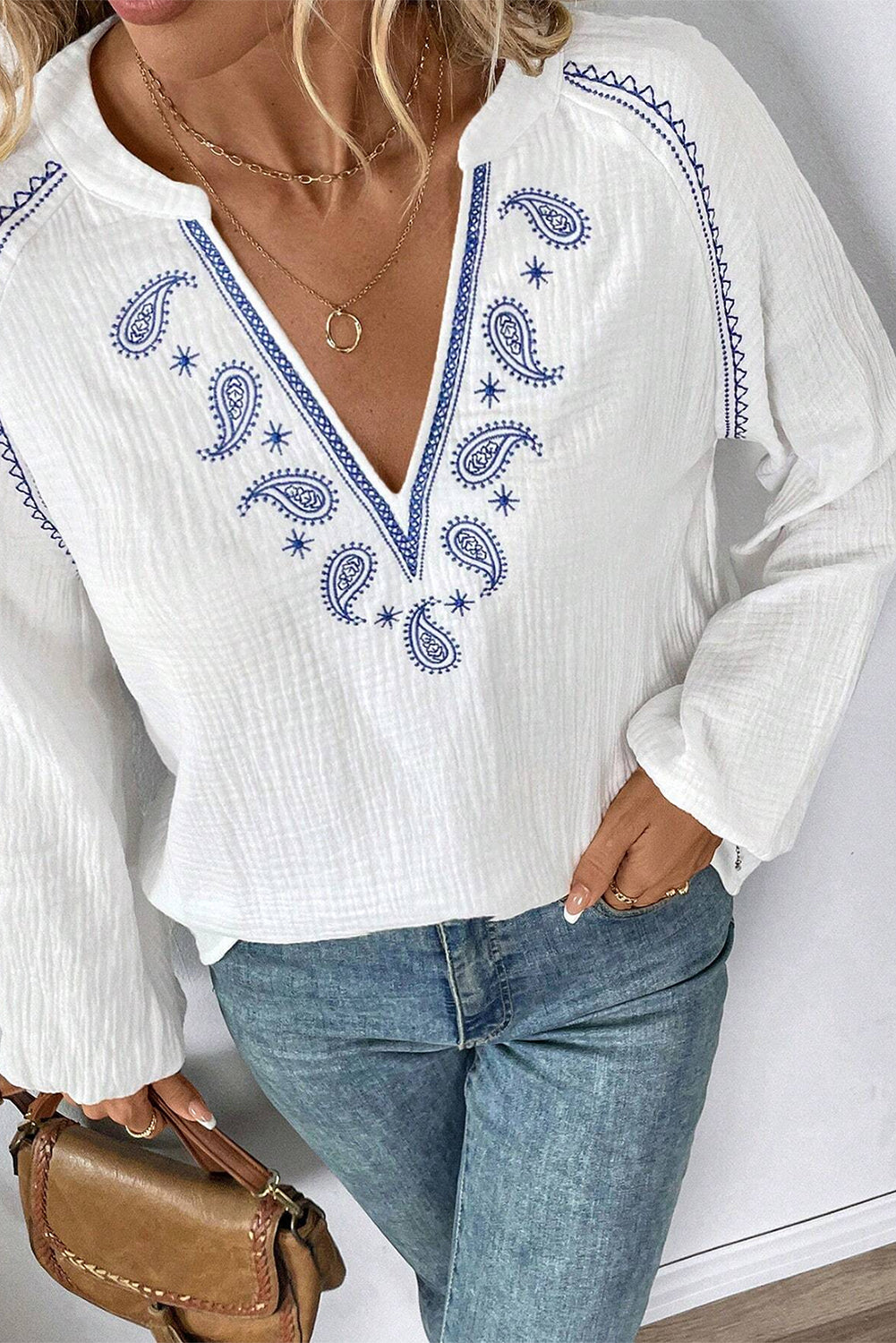White Paisley Embroidered Textured Split Neck Long Puff Sleeve Blouse Blouses & Shirts JT's Designer Fashion