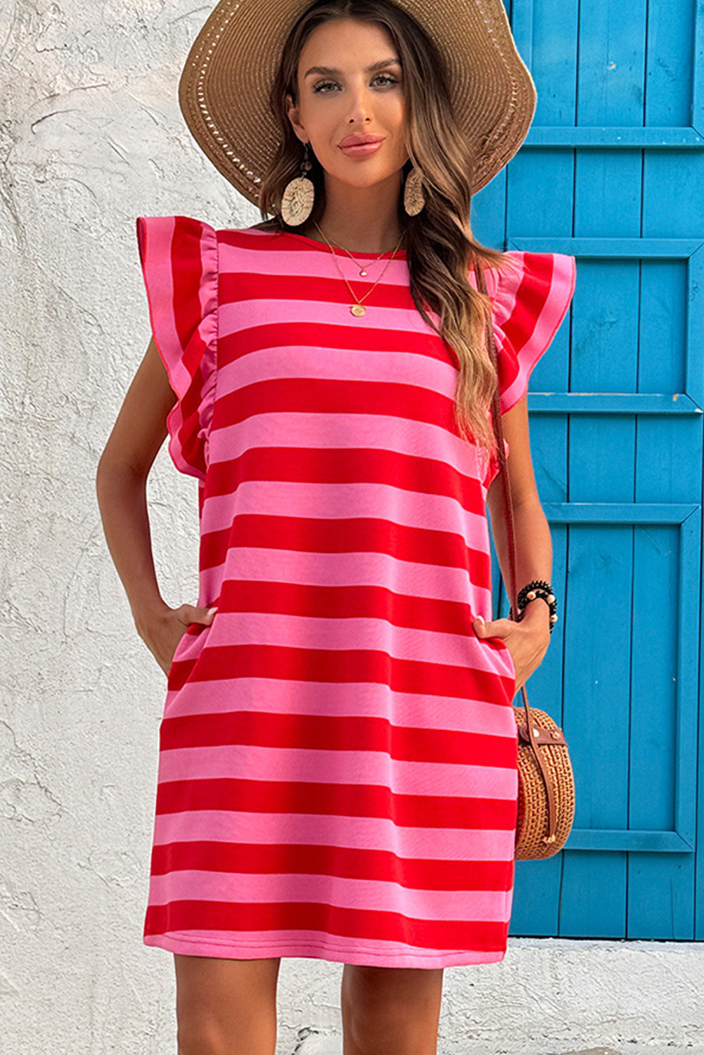 Red Stripe Flutter Sleeve Round Neck Shift Dress Mini Dresses JT's Designer Fashion