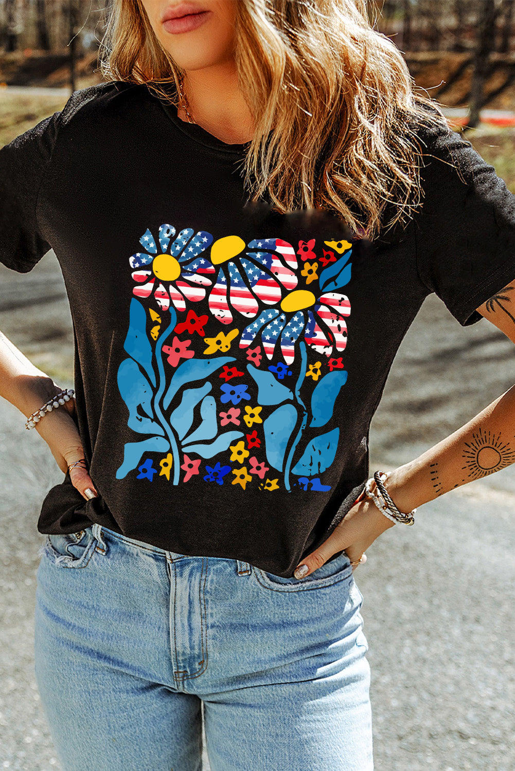 Black USA Flag Flower Graphic Drop Shoulder T Shirt Graphic Tees JT's Designer Fashion
