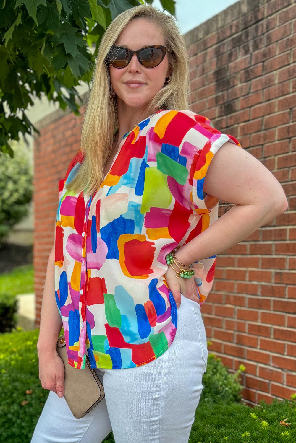 Colorful Brush Stroke Printed Plus Size Button Split Neck Blouse Plus Size Blouses & Shirts JT's Designer Fashion