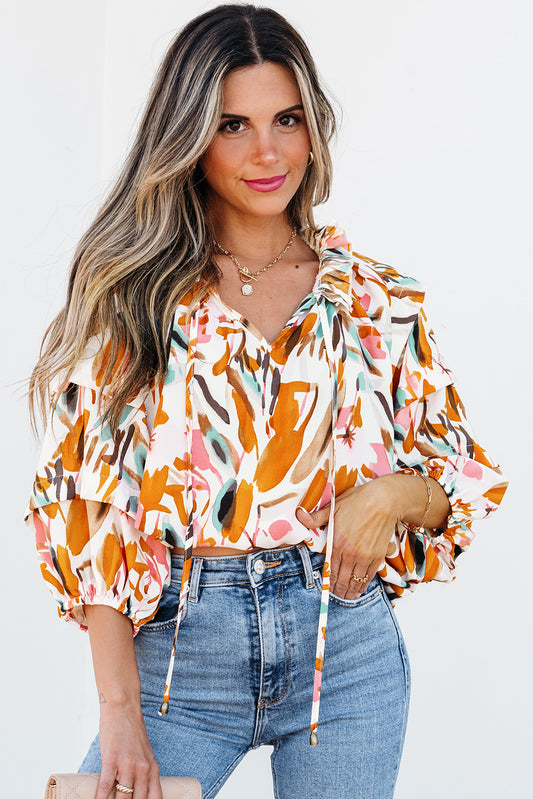 Yellow Abstract Print Drawstring Frilled V Neck 3/4 Sleeve Blouse Yellow 100%Polyester Blouses & Shirts JT's Designer Fashion