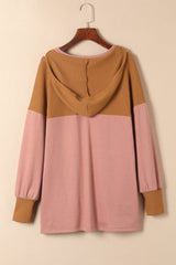 Brown Waffle Knit Patchwork Drawstring V Neck Hoodie Sweatshirts & Hoodies JT's Designer Fashion
