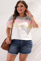 White Colorblock Patchwork Batwing Sleeve Ribbed T Shirt Plus Size JT's Designer Fashion