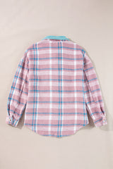 Pink Plaid Print Color Block Collared Flap Pockets Loose Shacket Plaid Shackets JT's Designer Fashion