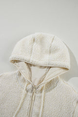 Beige Fleece Zip Up Drawstring Hooded Pocketed Jacket Jackets JT's Designer Fashion