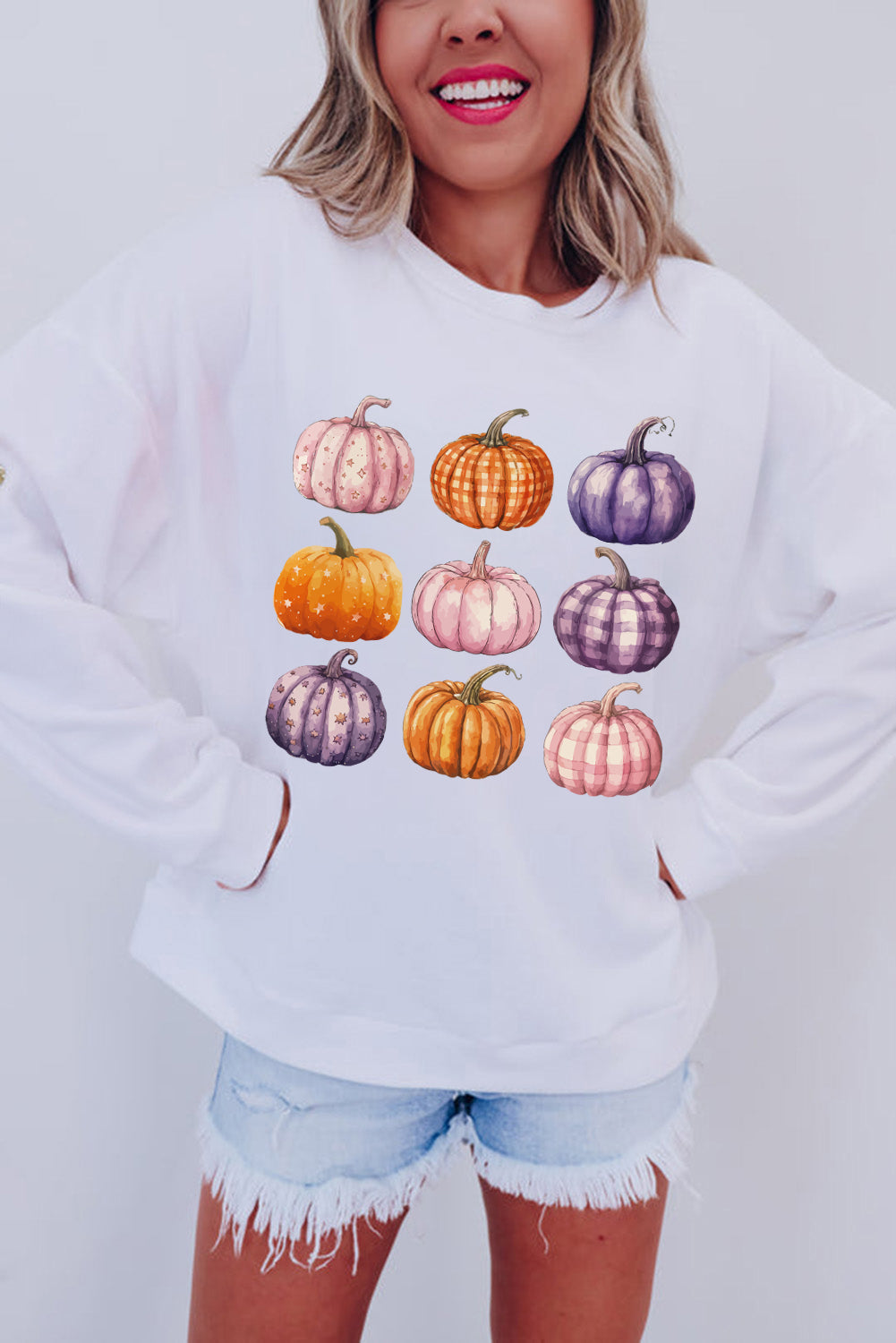 Beige Thanksgiving Halloween Pumpkin Graphic Pullover Sweatshirt Graphic Sweatshirts JT's Designer Fashion