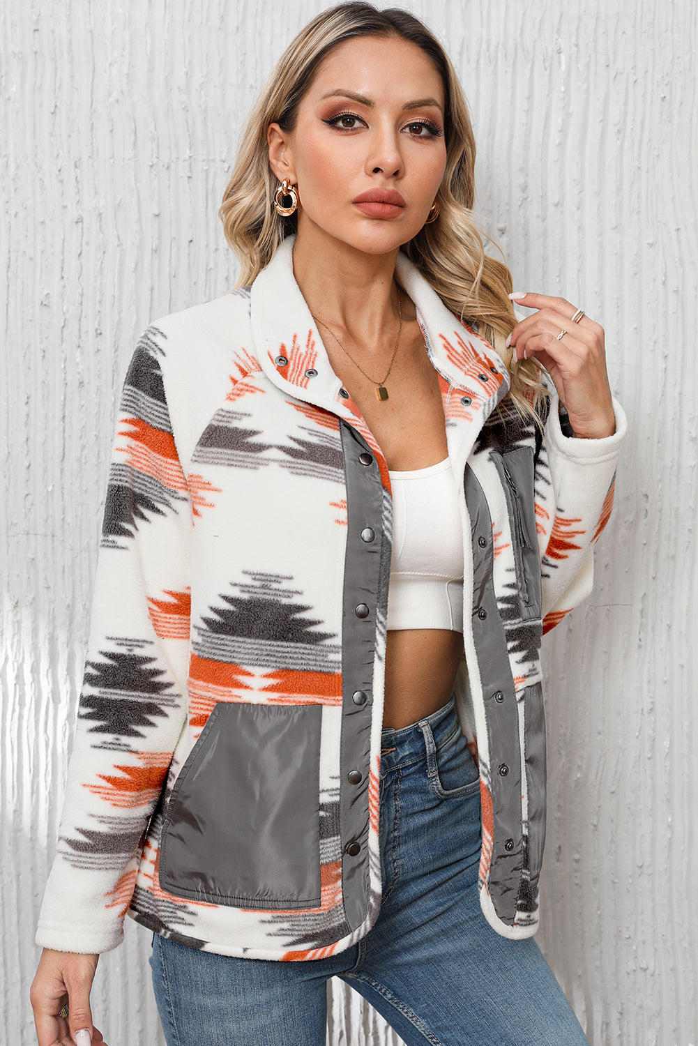 Multicolour Aztec Fleece Patchwork Snap Button Jacket Jackets JT's Designer Fashion