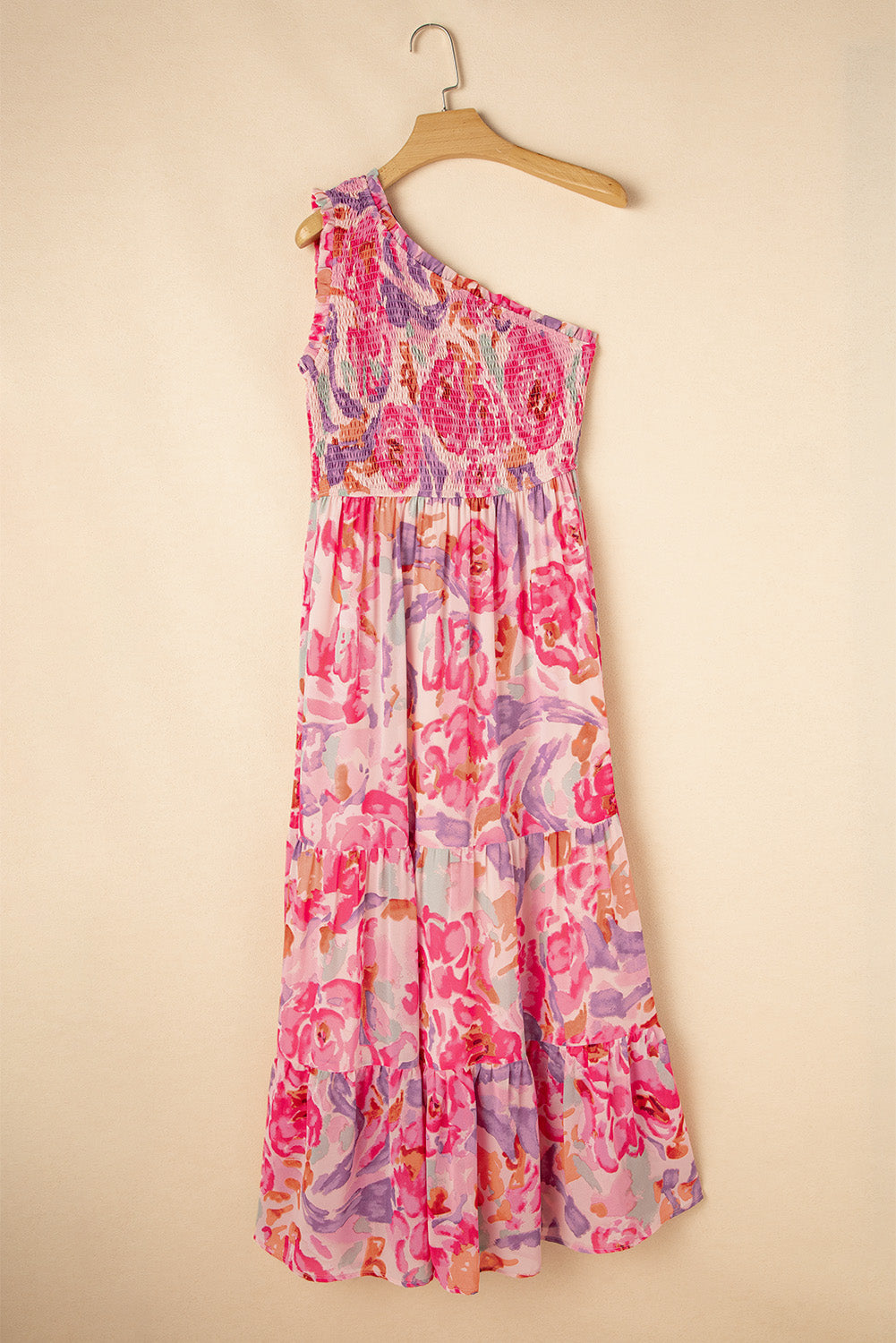 Pink Abstract Floral Print Shirred One Shoulder Maxi Dress Floral Dresses JT's Designer Fashion