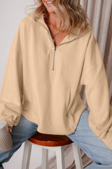 Parchment Fleece Lined Half Zipper Kangaroo Pockets Loose Hoodie Sweatshirts & Hoodies JT's Designer Fashion