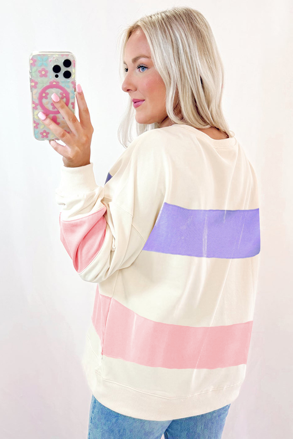 Beige Colorblock Patchwork Drop Shoulder Crewneck Sweatshirt Sweatshirts & Hoodies JT's Designer Fashion