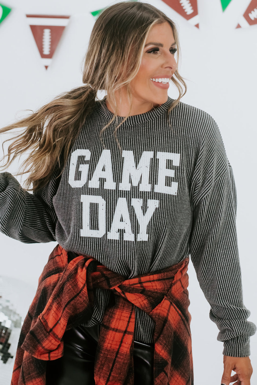 Dark Grey Corded GAME DAY Graphic Long Sleeve Crewneck Top Long Sleeve Tops JT's Designer Fashion