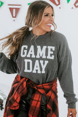 Dark Grey Corded GAME DAY Graphic Long Sleeve Crewneck Top Long Sleeve Tops JT's Designer Fashion