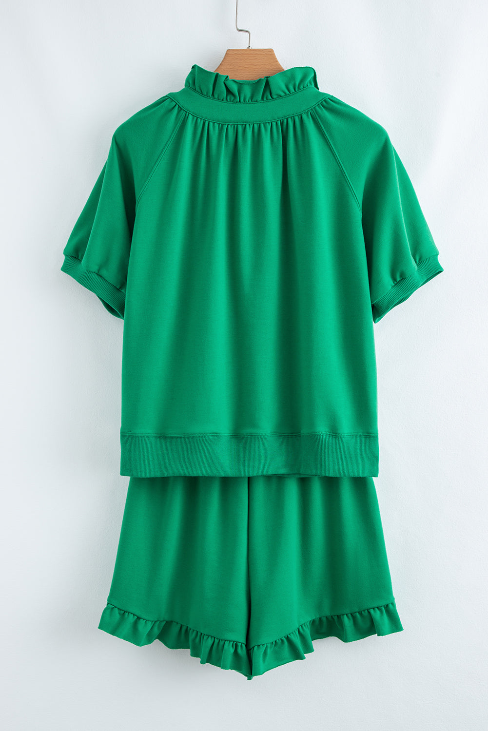 Sea Green Half Zip Puff Sleeve Top and Ruffled Shorts Set Short Sets JT's Designer Fashion