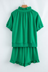 Sea Green Half Zip Puff Sleeve Top and Ruffled Shorts Set Short Sets JT's Designer Fashion