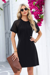 Black Contrast Lace Raglan Sleeve Pleated Detail Shift Dress T Shirt Dresses JT's Designer Fashion
