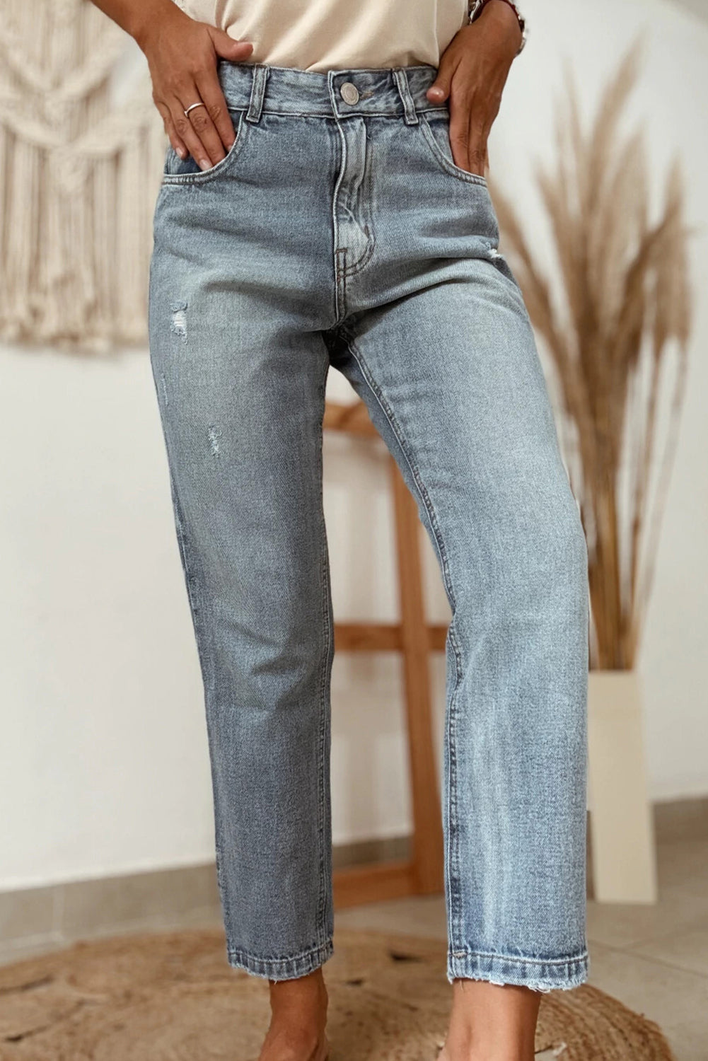 Beau Blue Slightly Distressed Ankle-length Straight Jeans Beau Blue 72%Cotton+26%Polyester+2%Elastane Jeans JT's Designer Fashion