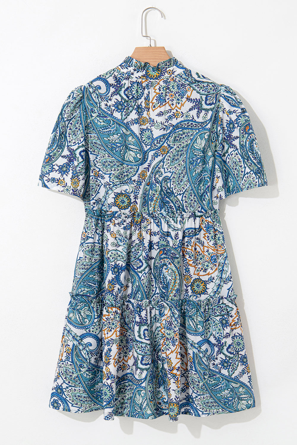 Blue Bohemian Paisley Floral V Neck Short Sleeve Mini Dress Floral Dresses JT's Designer Fashion