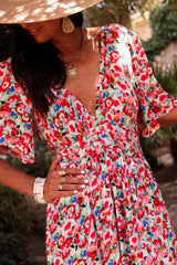 Red Floral Half Sleeve Deep V Neck Cutout Back Split Maxi Dress Floral Dresses JT's Designer Fashion