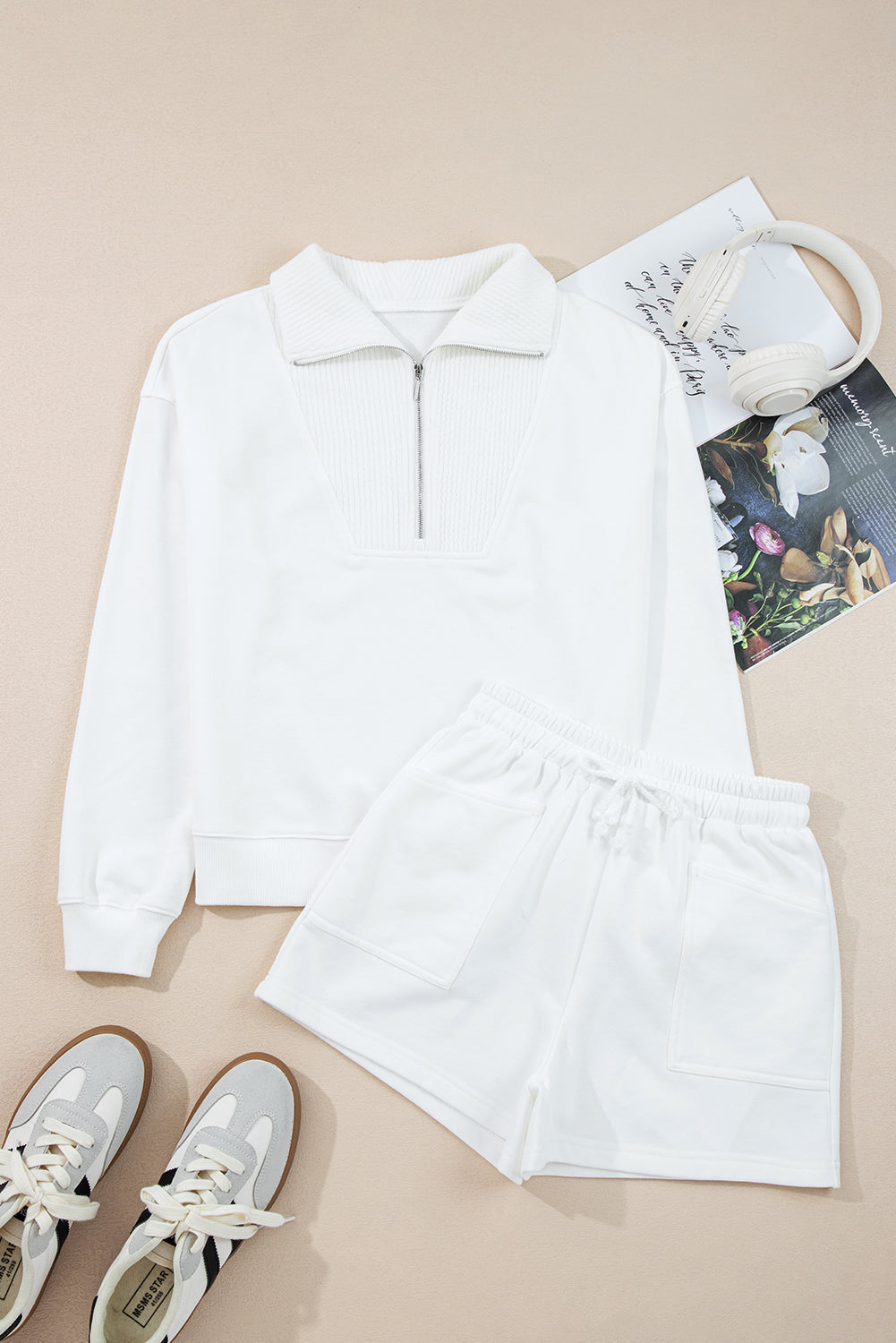 White Ribbed Collar Drop Shoulder Sweatshirt and Shorts Set Short Sets JT's Designer Fashion