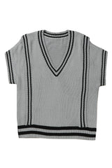 Gray V Neck Contrast Stripes Trims Short Sleeve Sweater Sweaters & Cardigans JT's Designer Fashion