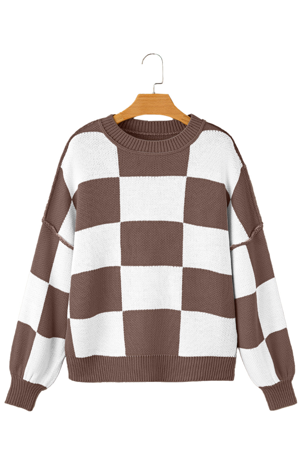 Dark Brown Checkered Bishop Sleeve Sweater Sweaters JT's Designer Fashion