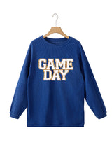 Dark Blue GAME DAY Glitter Detail Ribbed Drop Shoulder Sweatshirt Graphic Sweatshirts JT's Designer Fashion