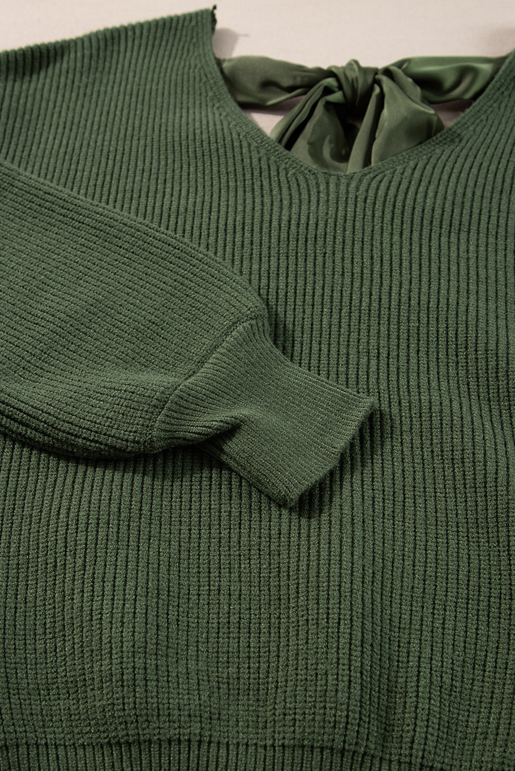Jungle Green Lantern Sleeve V Neck Knot Back Sweater Sweaters JT's Designer Fashion