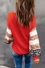 Orange V Neck Leopard Stripe Splice Lantern Sleeve Top Long Sleeve Tops JT's Designer Fashion