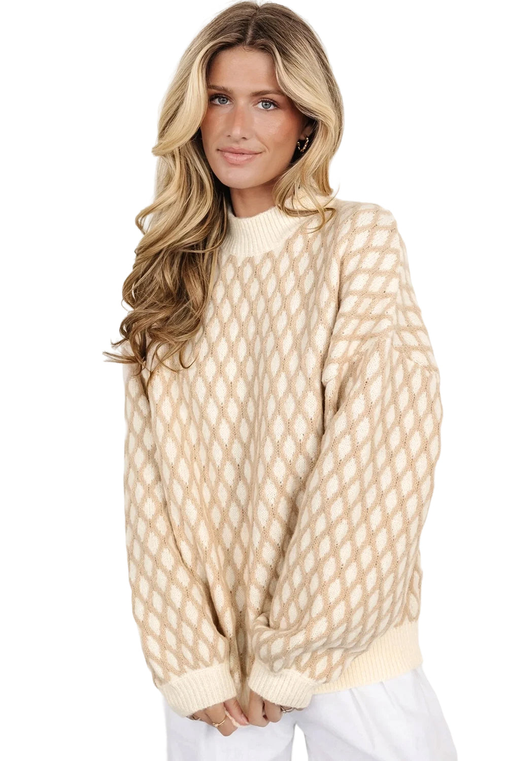 Oatmeal Diamond Knit Drop Shoulder Loose Sweater Sweaters JT's Designer Fashion