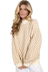 Oatmeal Diamond Knit Drop Shoulder Loose Sweater Sweaters JT's Designer Fashion