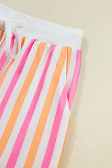 Pink Stripe Drop Shoulder Half Sleeve Loose Tee and Shorts Casual Set Short Sets JT's Designer Fashion