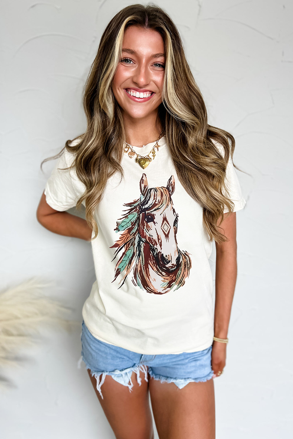 White Western Aztec Horse Graphic Crewneck Tee Graphic Tees JT's Designer Fashion