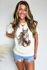 White Western Aztec Horse Graphic Crewneck Tee Graphic Tees JT's Designer Fashion