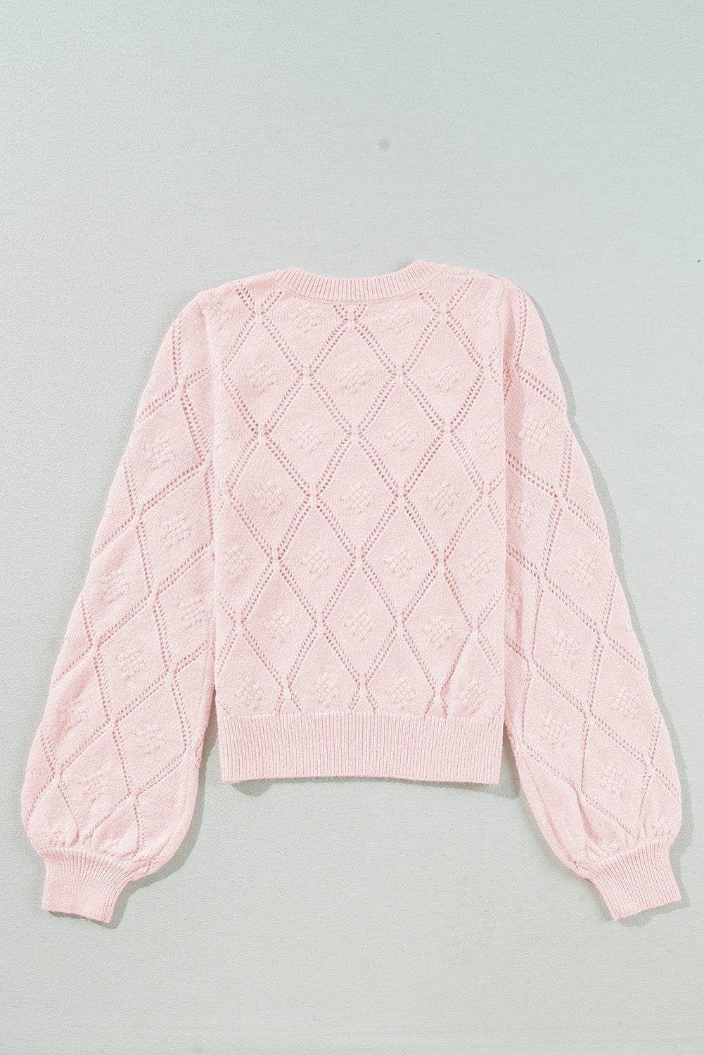 Gossamer Pink Openwork Plaid Puff Sleeve Cropped Sweater Sweaters JT's Designer Fashion