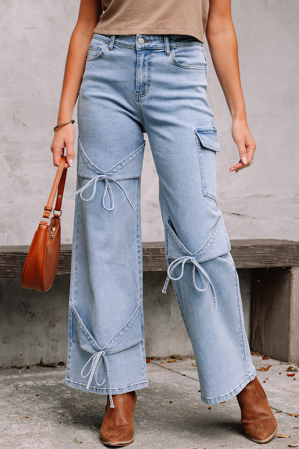 Beau Blue Bowknot Decor Boyfriend Cargo Jeans Jeans JT's Designer Fashion