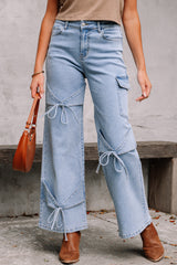 Beau Blue Bowknot Decor Boyfriend Cargo Jeans Jeans JT's Designer Fashion