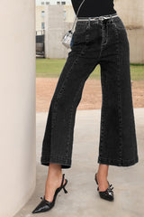 Black Plain Seam Detail Flared Bottom Ankle Length Jeans Jeans JT's Designer Fashion