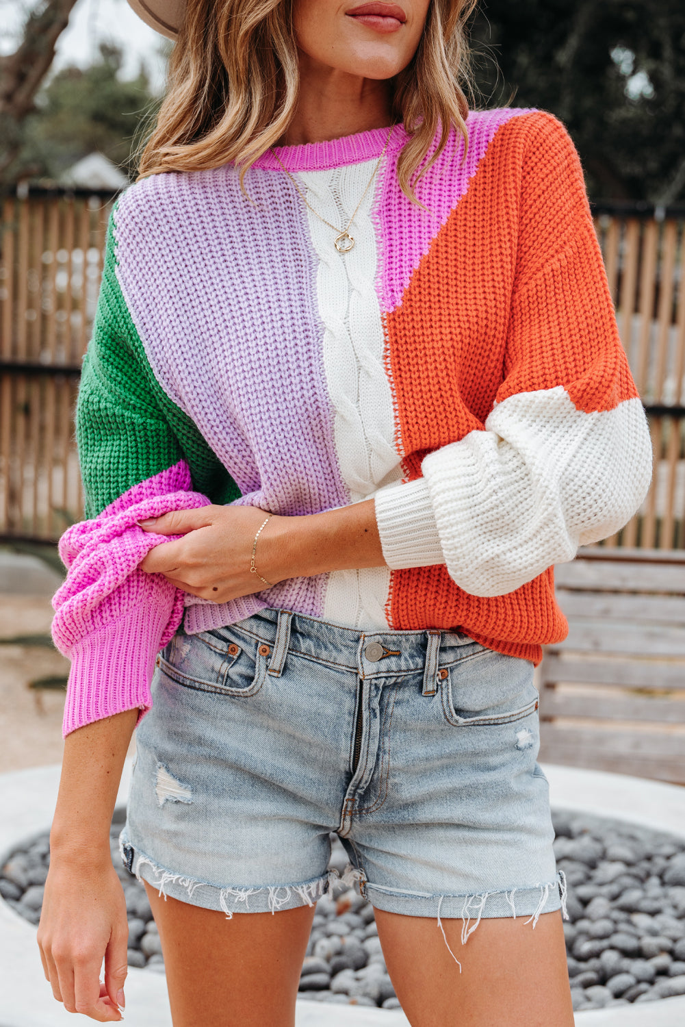 Desert Gold Color Block Textured Knit Drop Shoulder Loose Fit Sweater Sweaters JT's Designer Fashion