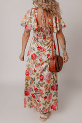 Multicolour Vintage Floral V Neck Short Sleeve Tie Back Long Slit Dress Floral Dresses JT's Designer Fashion