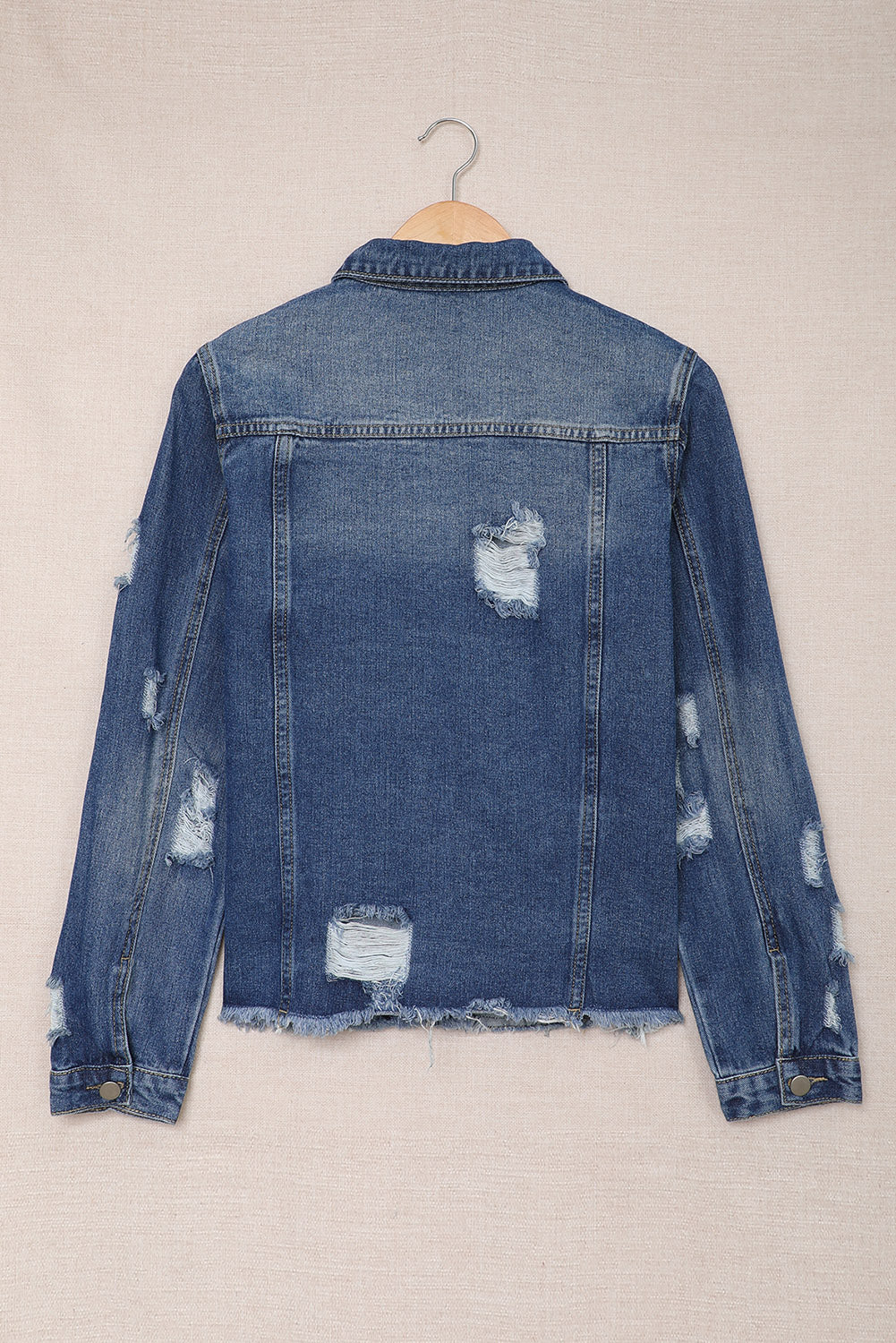 Blue Lapel Distressed Raw Hem Buttons Denim Jacket Denim Jackets JT's Designer Fashion