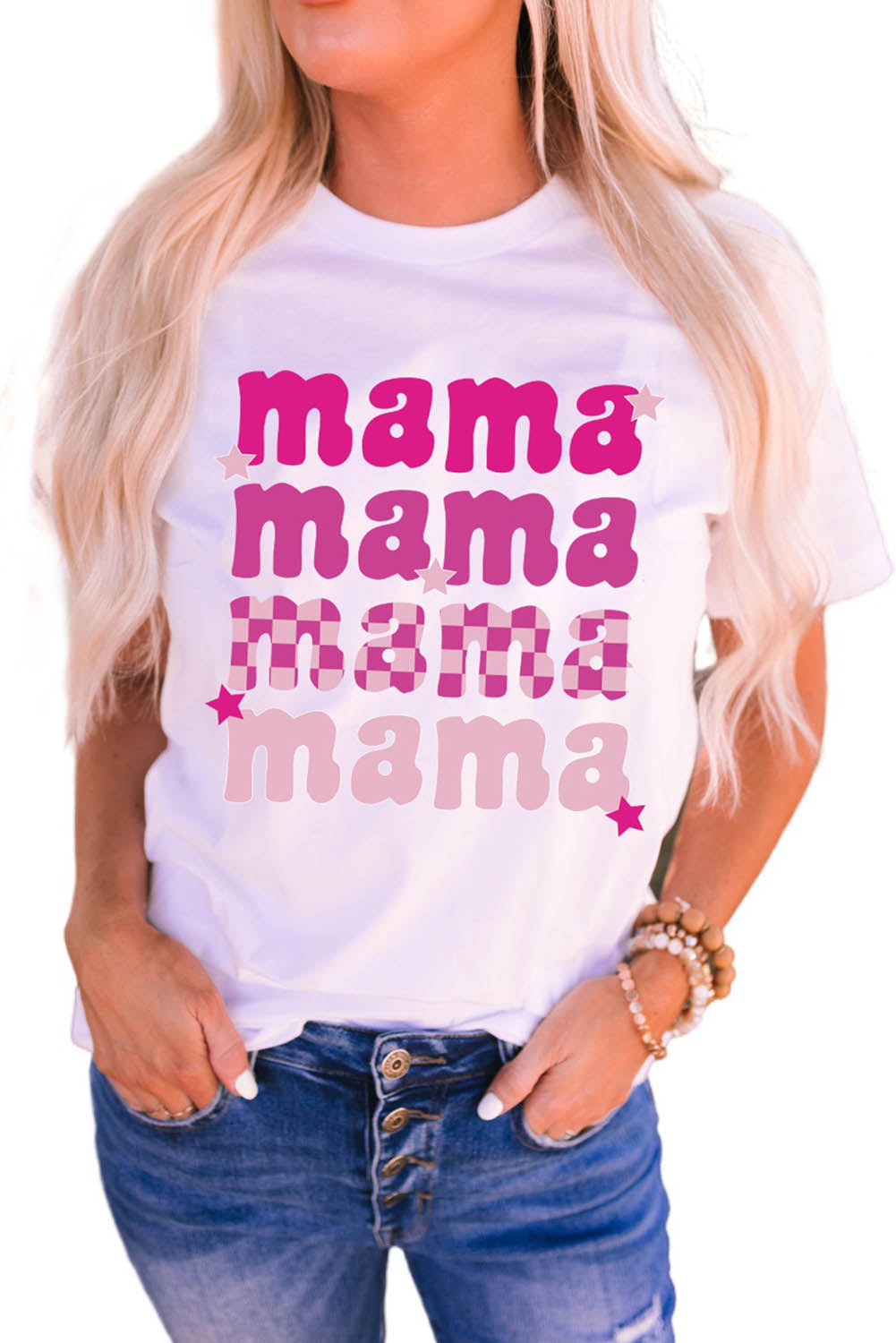 White Round Neck mama Graphic Casual Tee Graphic Tees JT's Designer Fashion