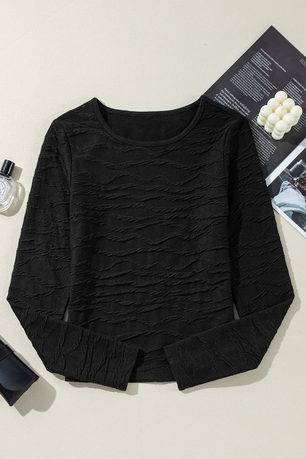 Black Solid Wavy Textured Slim Fit Long Sleeve T Shirt Long Sleeve Tops JT's Designer Fashion